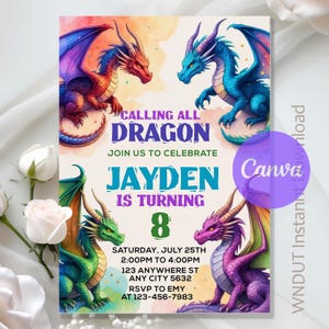 Dragon Birthday Invitation,Fantasy Dragon Birthday Party,Dragon Invitation,Dragon Four Fantasy Party Instant Download Editable,Canva