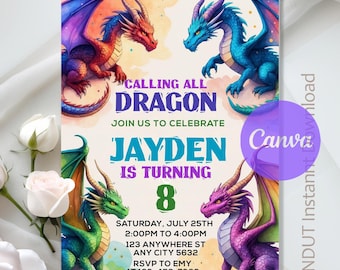 Faire-part d'anniversaire dragon, fête d'anniversaire dragon fantastique, Invitation dragon, fête fantastique Dragon quatre, téléchargement immédiat modifiable, toile