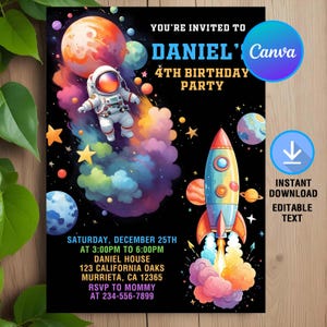 May include: A colorful space-themed birthday invitation for a boy's 4th birthday party. The invitation features an astronaut floating in space, a rocket ship, and planets. The text on the invitation reads "You're invited to Daniel's 4th Birthday Party".