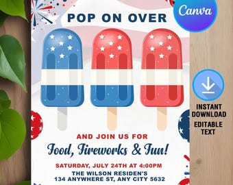 Invitación del 4 de julio, invitación de paletas, invitación pop-up, fiesta patriótica del Día de la Independencia en rojo, blanco y azul, plantilla editable de Canva