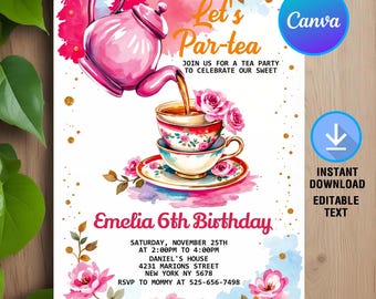 Tea Party Birthday Invitation,Par Tea Invitation,Whimsical Tea Party,Tea Floral Birthday Invite,Instant Download,Editable,Canva
