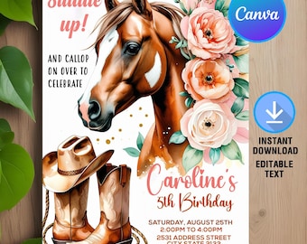 Invitación de cumpleaños de vaquera, invitación de cumpleaños de caballo, fiesta de cumpleaños floral rosa de vaquera y caballo, descarga instantánea, editable, plantilla de Canva