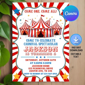 Carnival Invitation,Carnival Birthday Invitation,Carnival BirthdayParty,Circus Invite,Instant Download,Printable,Editable,Canva Template