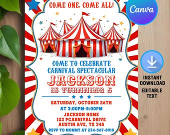 Invito di Carnevale, Invito di Compleanno di Carnevale, Festa di Compleanno di Carnevale, Invito al Circo, Download Immediato, Stampabile, Modificabile, Modello Canva