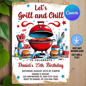May include: A digital invitation for a barbecue-themed birthday party. The design features a red grill with hot dogs, burgers, and various condiments. Text includes "Let's Grill and Chill" and details for Daniel's 25th birthday.