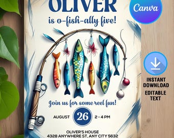 Fishing Birthday Invitation,Fishing Invitation,Gone Fishing Reel in the Fun,Instant Download,Printable,Editable,Canva Template