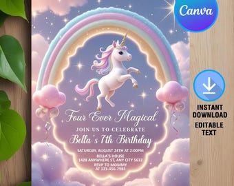 Four Ever Magical Invitation,Unicorn Birthday Party,Unicorn 4th Birthday,Rainbow Unicorn Birthday Party,Instant Download,Editable,Canva