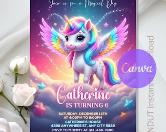 Unicorn Birthday Invitation,Unicorn Invitation,A Magical Day Party,Rainbow Unicorn Birthday Party,Instant Download,Editable,Canva