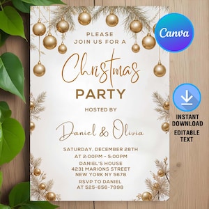 Christmas Party Invitation,Gold Christmas Party Invitation,Holiday Party Invitation,Holiday Invite,Instant Download,Editable,Canva Template