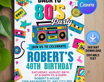 80s Birthday Invitation,80s Birthday,Back To The 80s,Vintage Retro Invitation,40th Birthday Any Age,Instant Download,Editable,Canva Template