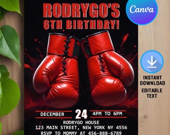 May include: A birthday party invitation with a boxing theme. The invitation features two red boxing gloves in the center, with the text "GET READY TO RUMBLE! RODRYGO'S 6TH BIRTHDAY!" The date and time are also included.