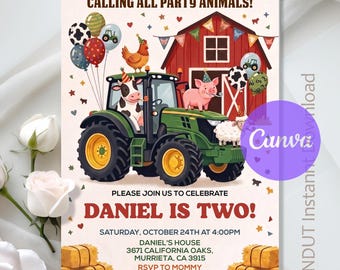 Farm Birthday Invitation,Farm Animals Party,Tractor Barnyard Animals Party,Farm Invitation,Instant Download,Editable Text Canva