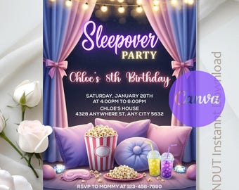 Sleepover Party Birthday Invitation,Sleepover Birthday Party,Slumber Party Invite,Neon Sleepover Party,Instant Download,Editable,Canva