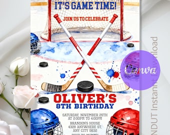 May include: Watercolor hockey-themed birthday invitation. Features a hockey net, crossed hockey sticks, pucks, and helmets. Text reads "IT'S GAME TIME!" and "OLIVER'S 8TH BIRTHDAY" with event details. Includes blue and red color splashes.