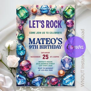 May include: A birthday invitation with a watercolor design featuring colorful gemstones. The text reads "LET'S ROCK" and announces Mateo's 9th birthday on November 25th at 2:00 PM. Includes RSVP information.