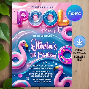 Inbjudan till poolparty för tjejer, poolparty födelsedag, poolparty inbjudan, tonårsflickor födelsedag, sommarpoolparty, redigerbar, Canva-mall