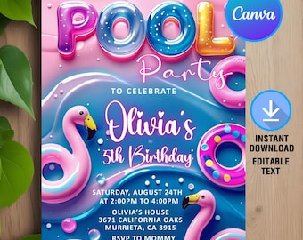 Girls Pool Party Birthday Invitation,Pool Party Birthday,Pool Party Invite,Girls Teenage Birthday,Summer Pool Party,Editable,Canva Template