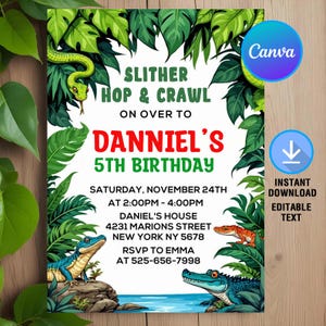Reptile Birthday Invitation,Reptile Birthday Party,Reptile Invitation,Slither, Hop and Crawl Invite,Instant Download,Editable,Canva