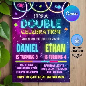 Puede incluir: Invitación de cumpleaños de colores neón con fondo de galaxia. Es una doble celebración para Daniel que cumple 5 años y Ethan que cumple 4 años. La invitación incluye la fecha, la hora y el lugar de la fiesta. RSVP a Jenyfer al 555-000-2222.
