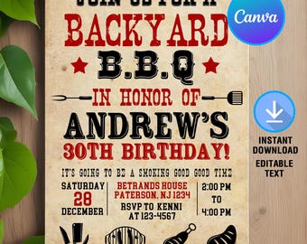 BBQ Birthday Invitation,BBQ Invitation,Barbecue Invitation,Backyard BBQ Party,Barbecue Party,Instant Download,Editable,Canva Template