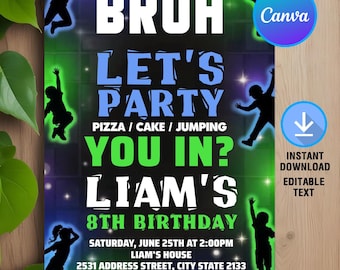 Bruh Jump Birthday Invitation,Bruh Birthday Invite,Bruh Lets Party,Trampoline Park Invite,Neon Jump Birthday,Instant Download,Editable,Canva