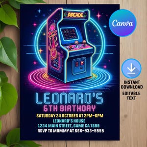Arcade-uitnodiging, Arcadeverjaardagsuitnodiging, Arcade Party, Arcade Neon Game Invite, Instant Download, Afdrukbaar, Bewerkbaar, Canvassjabloon