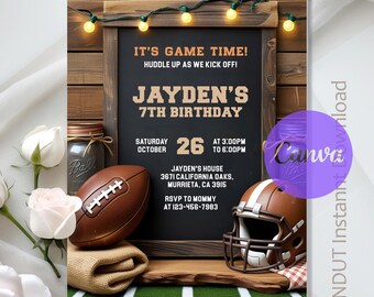 Football Birthday Invitation,Football Invitation,Rustic Football Birthday Party,Sport Game Invite,Instant Download,Editable Text,Canva