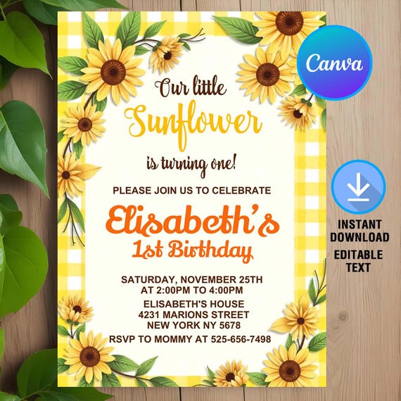 Our Little Sunflower Birthday Invitation,Sunflower Birthday Party,First Birthday Sunflower Invite,Instant Download,Editable,Canva
