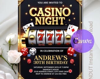 May include: Casino Night invitation with gold accents, featuring a slot machine with triple sevens, dice, and playing cards. The invitation is for Andrew's 30th birthday, with event details and RSVP information.