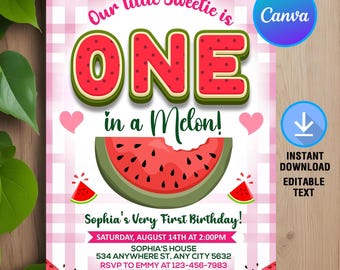 One in a Melon Birthday Invitation,Watermelon Birthday Party,Watermelon First Birthday,Watermelon Summer Party,Editable Canva Template