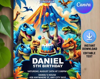 恐竜の誕生日招待状、T-rexの誕生日招待状、T-rexパーティー、恐竜招待状、恐竜パーティー、即時ダウンロード、編集可能、Canva