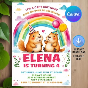 Capybara Birthday Invitation,Capybara Invitation,Capybara With Rainbow Invite,Animals Kid&#39;s Birthday,Instant Download,Editable,Canva