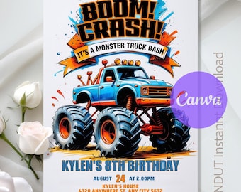 Monster Truck Invitation,Monster Truck Birthday Invitation,Monster Truck Bash Party,Truck Invite,Instant Download,Editable,Canva