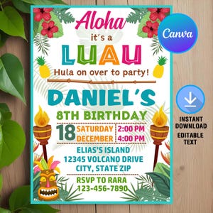 Aloha Luau Birthday Invitation,Luau Birthday Invitation,Luau Hawaiian Birthday,Luau Invitation,Instant Download,Editable,Canva Template