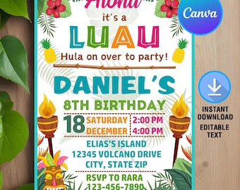 Aloha Luau Birthday Invitation,Luau Birthday Invitation,Luau Hawaiian Birthday,Luau Invitation,Instant Download,Editable,Canva Template