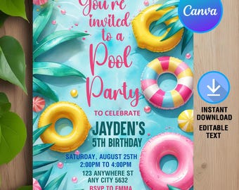 Verjaardagsuitnodiging zwembadfeest, uitnodiging zwembadfeest, verjaardagsfeestje zwemmen, verjaardagsfeestje zomer, bewerkbaar, canvassjabloon