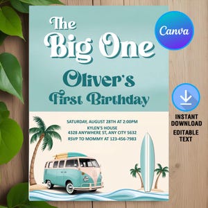 The Big One Surf Birthday Invitation,Surfing Boy 1st Birthday,Van Surfboard Invitation,Beach Party,Instant Download Editable Canva
