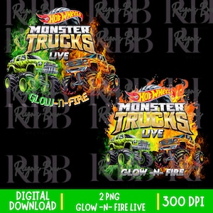 Puede incluir: Descarga digital con dos diseños de monster trucks. Los diseños incluyen el texto "Hot Wheels Monster Trucks Live" con una combinación de colores verde y naranja. También se incluye la frase "Glow-N-Fire".