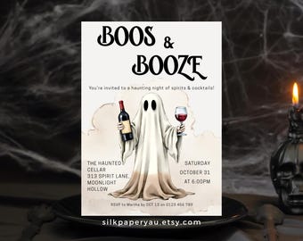 Boos and Booze Invitation – Halloween Cocktail Party Invite Template | Adult Costume Party Editable Canva Download