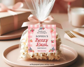 Etiqueta de recuerdo para el primer cumpleaños con temática de frutos rojos, recuerdos editables para la primera fiesta con temática de frutos rojos, etiqueta de agradecimiento imprimible para cumpleaños con fresas rojas, Berry Sweet One SP30