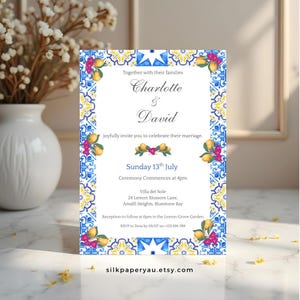 Blue Tiles Bougainvillea Wedding Invitation, Editable Mediterranean Bridal Template, Citrus Summer Coastal Invite, Italian Lemon Theme SP49