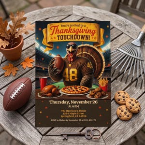 Einladung zur Thanksgiving-Football-Party, Einladung zur Truthahn-Touchdown-Party, bearbeitbare Canva-Vorlage (digitaler Download)