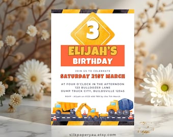 May include: A construction-themed birthday invitation for a 3-year-old boy named Elijah. The invitation features a yellow road sign with the number 3, a red banner with the text "Elijah's Birthday", and a row of construction vehicles on a black and yellow striped road. The invitation includes the date and time of the party, the address, and an RSVP contact.