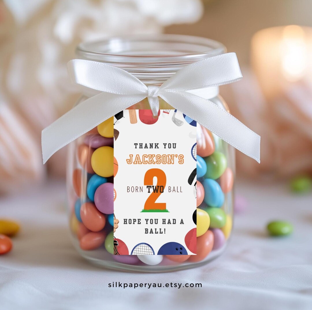 Born Two 2 Ball Birthday Thank You Tag, Sports Themed Party, Let's Have ...