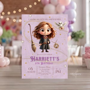 May include: A lavender invitation card with the text "CALLING ALL WITCHES AND WIZARDS" and "HARRIETT'S 9TH BIRTHDAY". The card features a cartoon illustration of a girl in a wizard's robe, a broom, an owl, and a necklace.