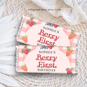 Berry First Birthday Chocolate Bar Labels, Editable Berry 1st Party Favors, Printable Strawberry Birthday Wrappers, Berry Sweet One SP30