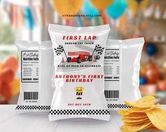 Emballage du sac de jetons Premier tour de piste, en-cas sur le thème de la course, fête de voitures de course de Formule 1, jalons de la 1re année, Red Fast One 1STLAP