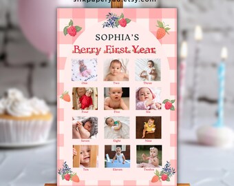 Berry First Birthday Photo Milestone Board Template, Sweet One Strawberry Party, 12 Month 1st Year Photo Collage Sign, Editable Poster SP30
