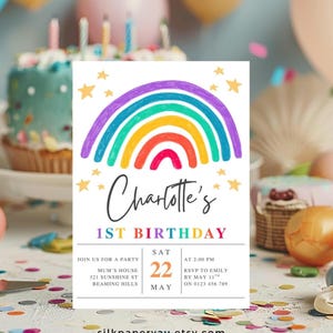 Lebendige Regenbogen 1. Geburtstagseinladung, erster Geburtstag, helle und fröhliche Party einladen, bunte Spaßparty, Mädchen-Geburtstagsfeier SP23