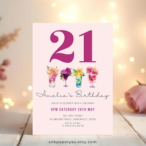 Faire-part 21e anniversaire, thème de cocktail tropical, carte de fête, design élégant, événement élégant, vingt et une invitation à une fête SP18
